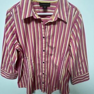 “ATTENTION” TOPS WOMEN SIZE XL BUTTON UP BLOUSE.  DARK PINK/RED/YELLOW